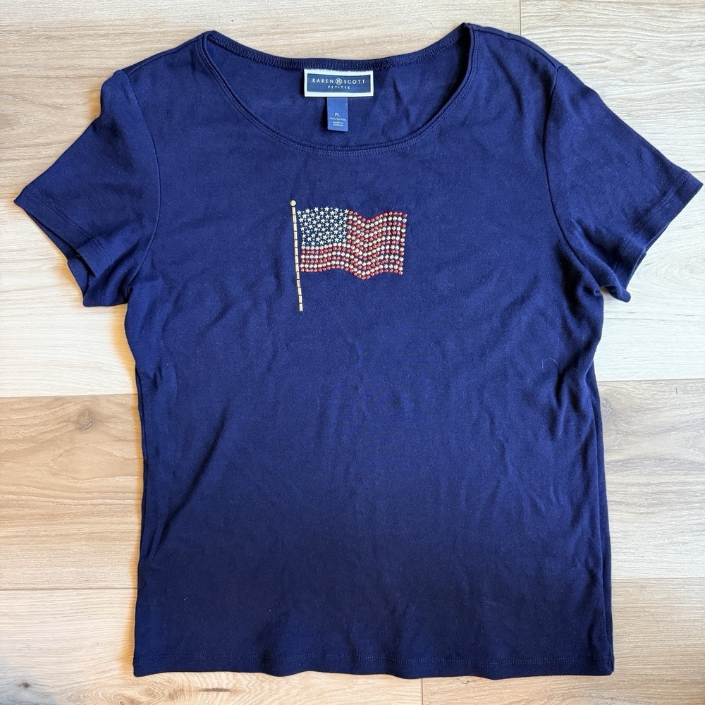 Women's Karen Scott Navy Blue Short Sleeve American Flag Shiny Petite‎